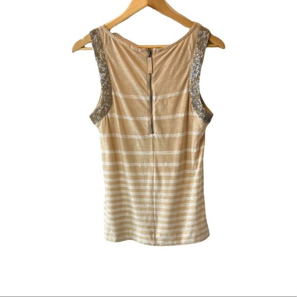 J CREW Silk Sequin Trim Tan & Silver Stripe Cotton High Neck Sleeveless Top S - Picture 3 of 8